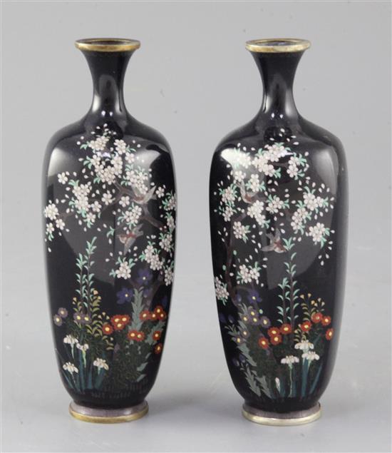 A pair of Japanese silver wire cloisonne enamel hexagonal vases, Meiji period, height 15.5cm